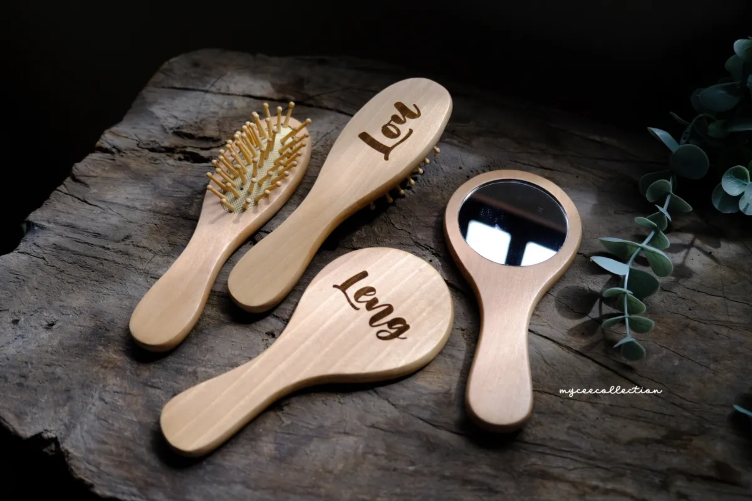 Laser Engraved Wooden Brush and Mirror